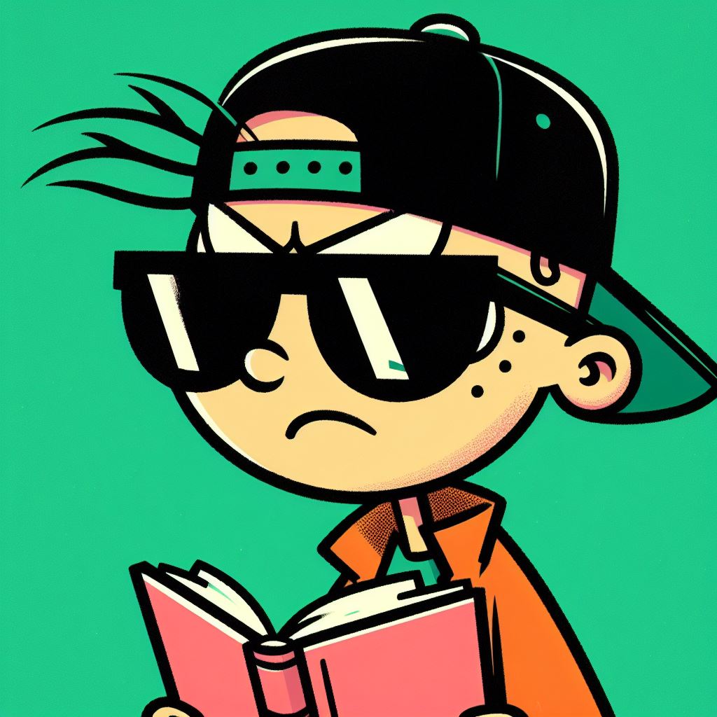 Cool person cartoonish reading in a green background