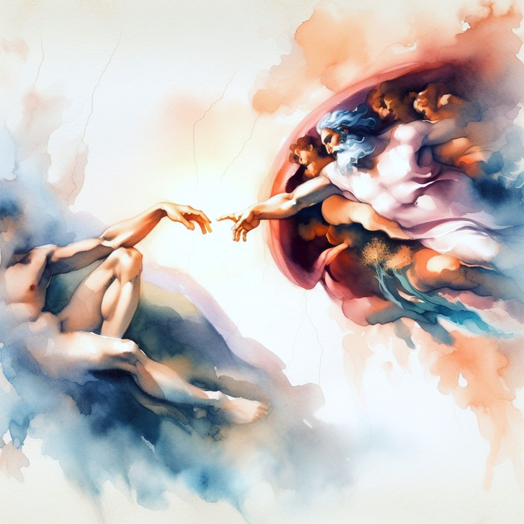 A painting inspired by the Creation of Adam of Michelangelo, watercolor style