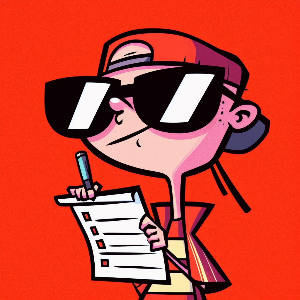 Cool person cartoonish writing a list in a red background